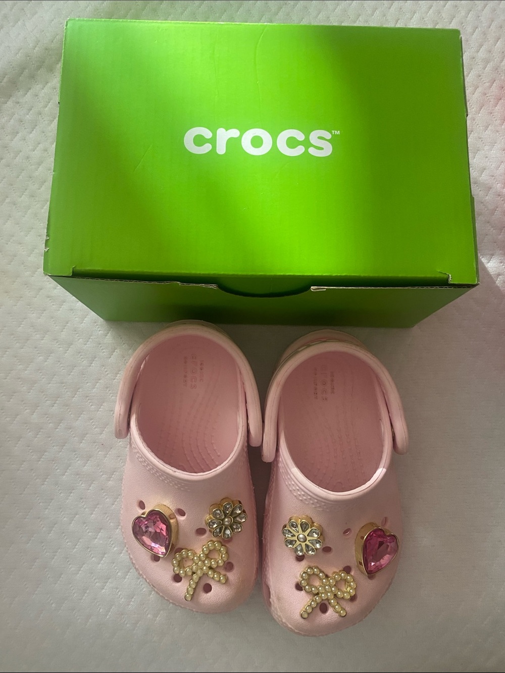 CROCS Kids Pink Clog Sandals with Jewel & Bow Charms